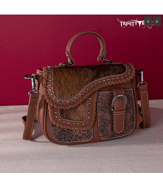 Wrangler Trinity Ranch Hair-On Cowhide Saddle Shape Collection Crossbody/Satchel -Brown