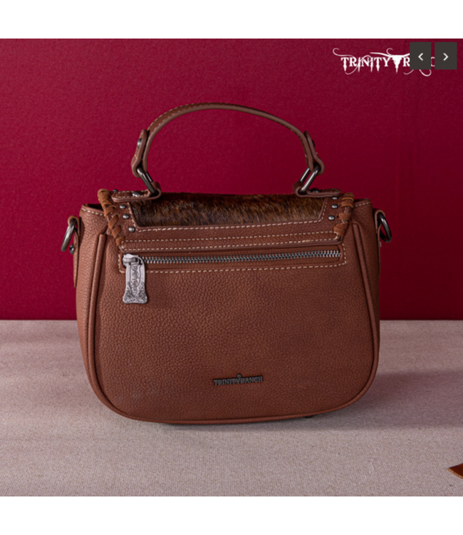 Wrangler Trinity Ranch Hair-On Cowhide Saddle Shape Collection Crossbody/Satchel -Brown