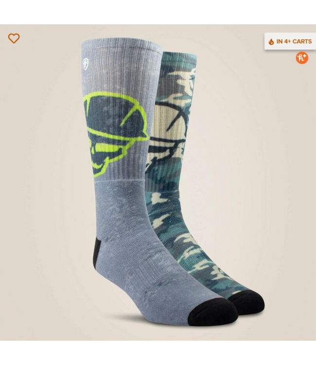 Ariat Roughneck Graphic Crew Work Sock 2 Pair Multi Color Pack -  L