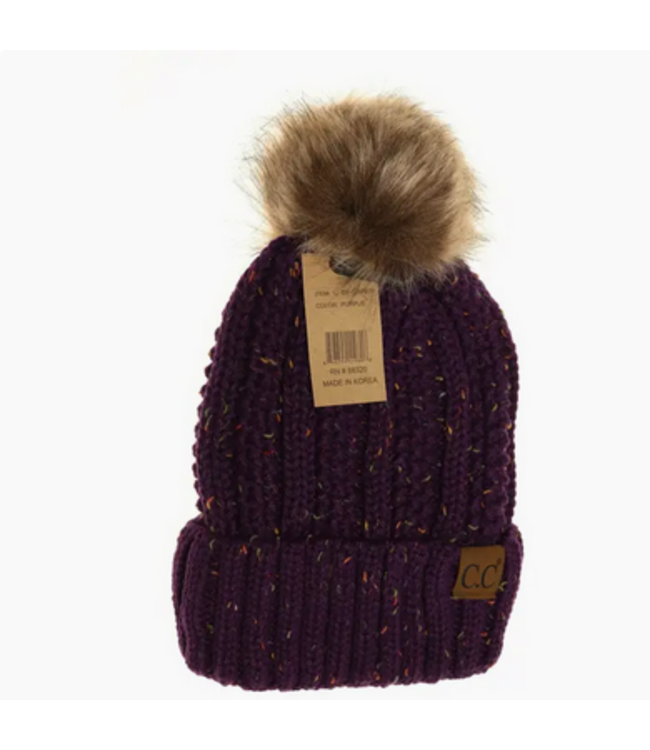 C.C Beanie Fuzzy Lined Flecked Fur Pom Cc Beanie