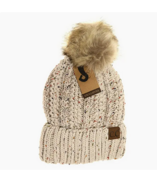 C.C Beanie Fuzzy Lined Flecked Fur Pom Cc Beanie