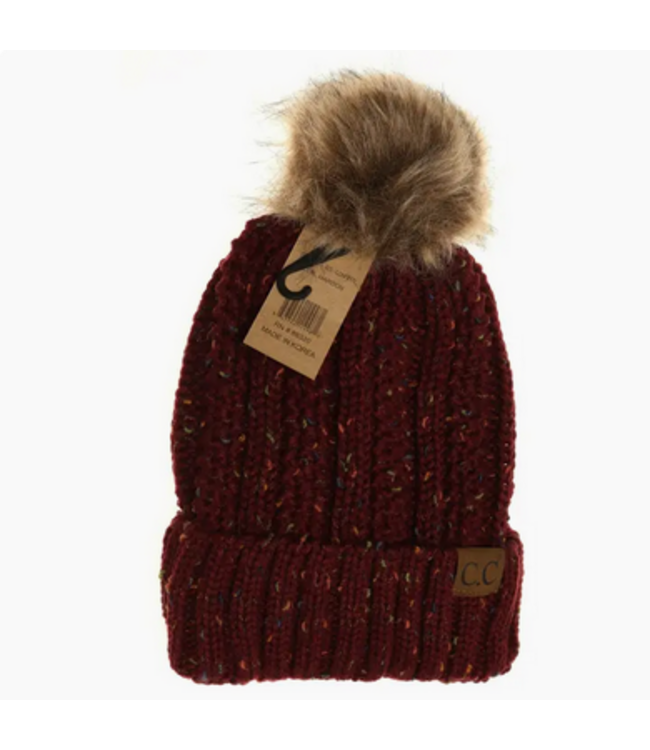 C.C Beanie Fuzzy Lined Flecked Fur Pom Cc Beanie