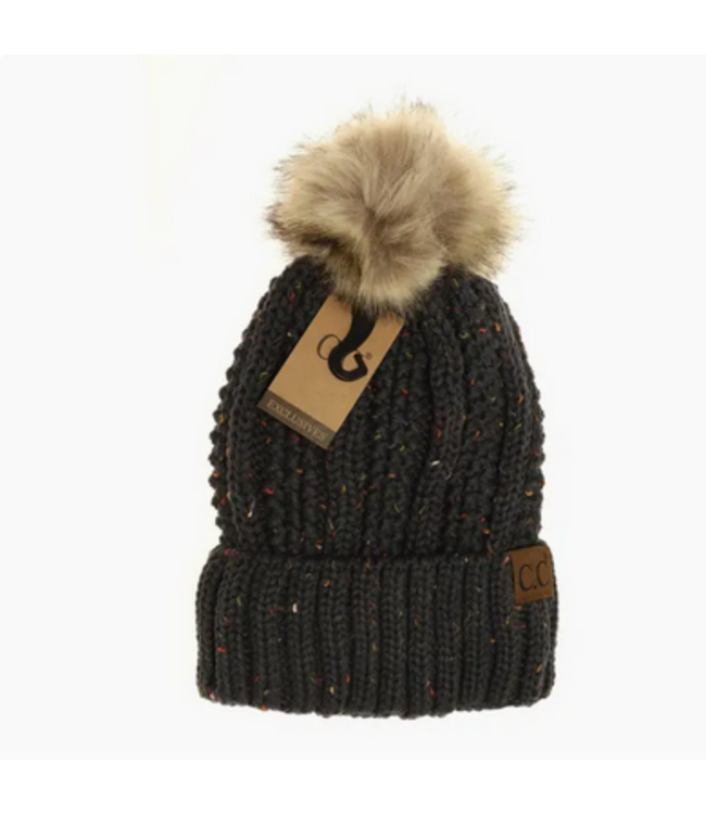 C.C Beanie Fuzzy Lined Flecked Fur Pom Cc Beanie