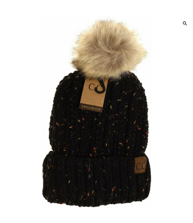 C.C Beanie Fuzzy Lined Flecked Fur Pom Cc Beanie