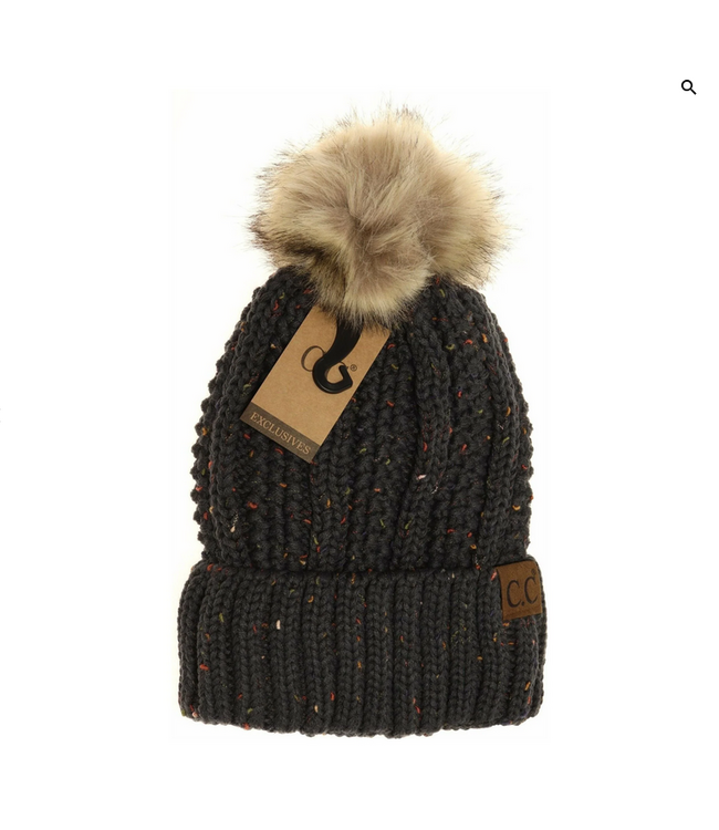 C.C Beanie Fuzzy Lined Flecked Fur Pom Cc Beanie