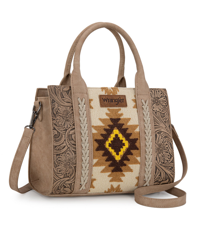 Wrangler Wrangler Tooled Aztec Pattern Print Concealed Carry Tote/Crossbody Tan