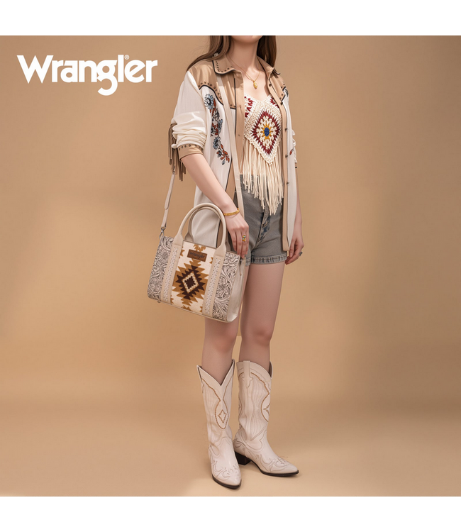 Wrangler Wrangler Tooled Aztec Pattern Print Concealed Carry Tote/Crossbody -Beige