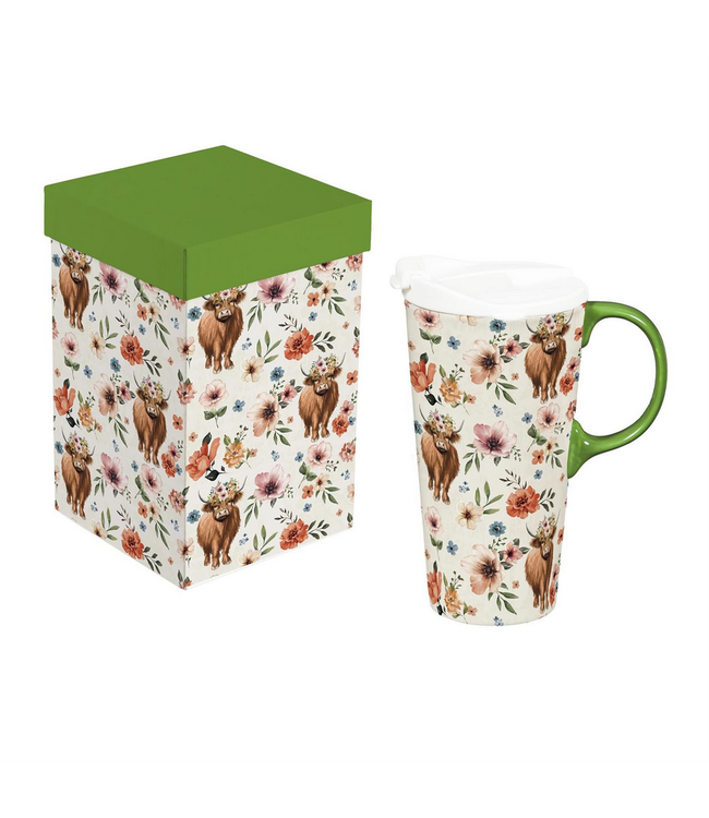 Evergreen Enterprises Petal Plow Ceramic Cup Farm Highland Cow 17oz  Gift Box