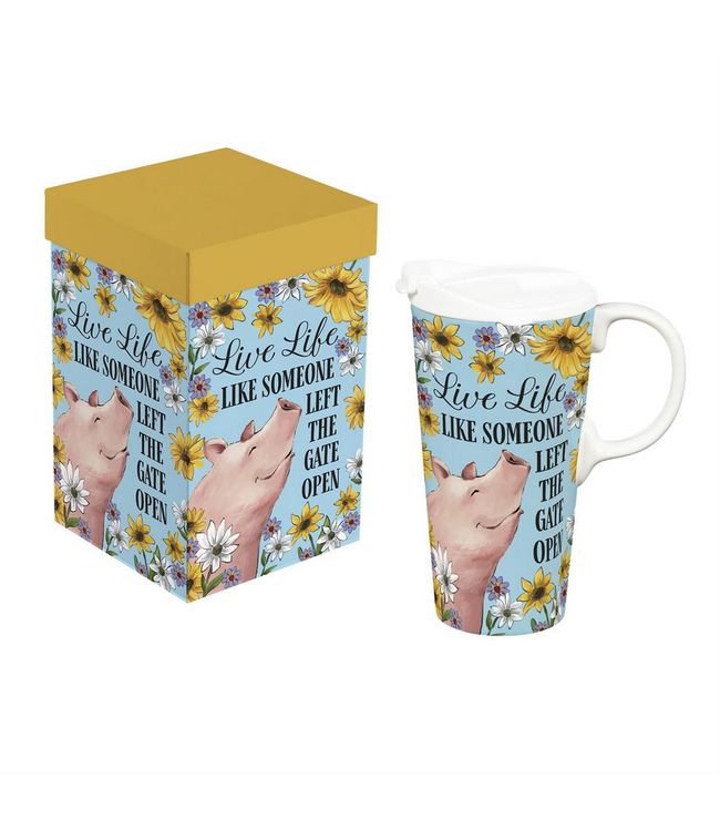 Evergreen Enterprises Petal Plow Ceramic Perfect CupFarm Pig Funny 17oz Gift Box