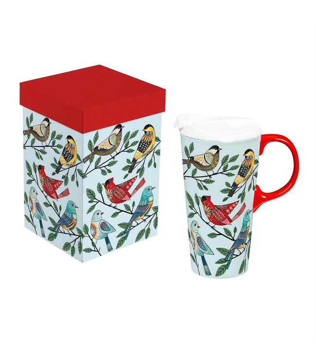 Evergreen Enterprises What She Shed Ceramic Perfect Cup  Folk Birds 17oz Gift Box