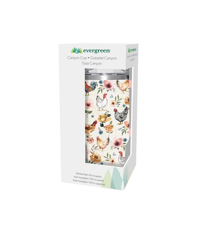 Evergreen Enterprises Petal  Plow Tumbler Canyon Cup Double Wall Stainless Steel Farm Chickens 40oz Gift Box