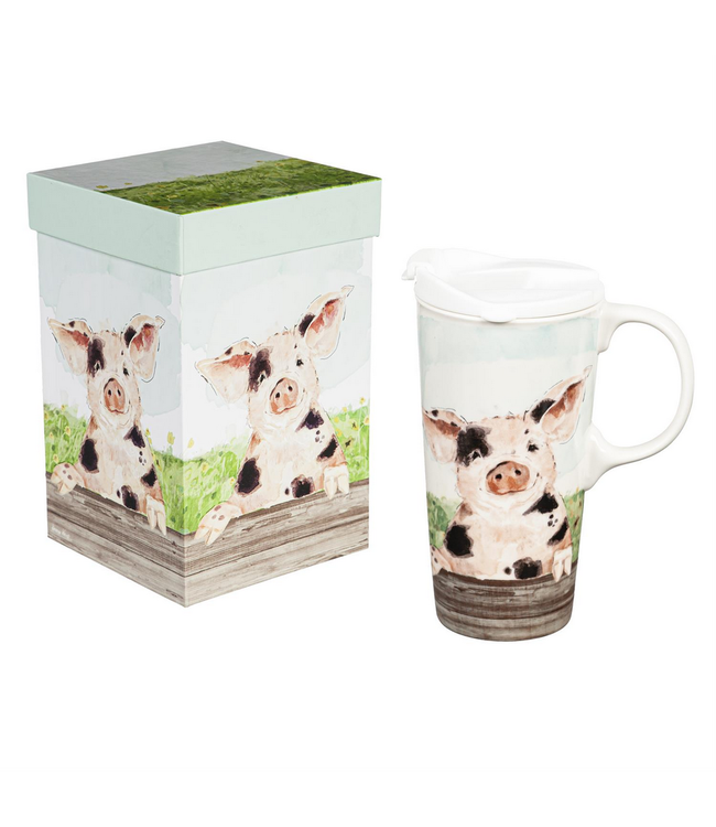 Evergreen Enterprises Petal Plow Travel Cup Ceramic Perfect Cup Farm Spotted Pig 17oz Gift Box