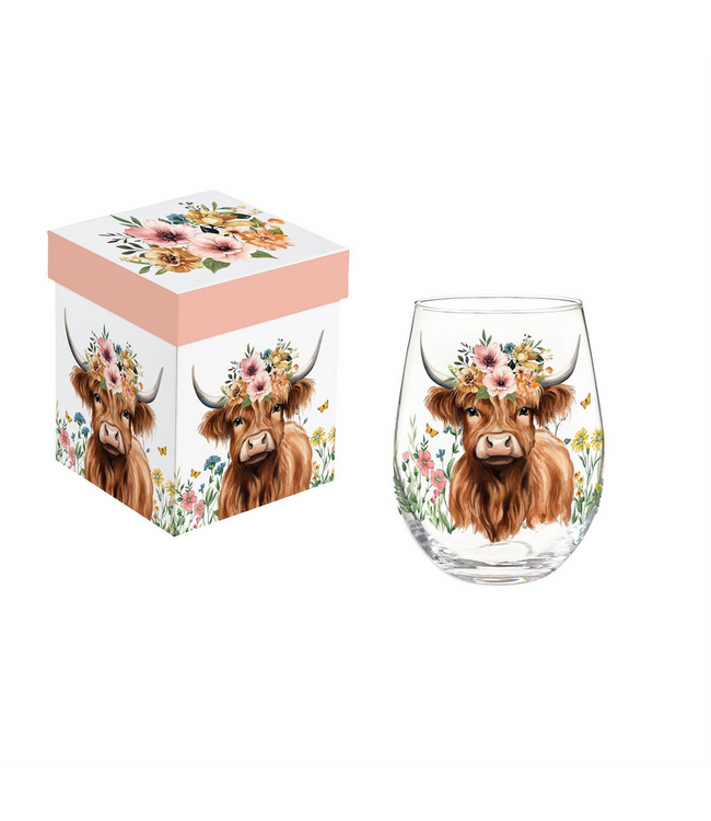 Evergreen Enterprises Petal Plow Wine Glass Stemless Farm Highland Cow 17oz Gift Box