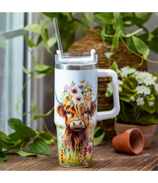 Evergreen Enterprises Petal Plow Tumbler Trenta Cup Double Wall Stainless Steel Farm Highland Cow 30oz Gift Box