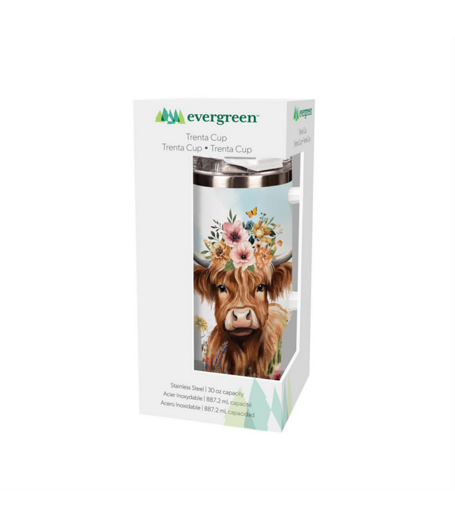 Evergreen Enterprises Petal Plow Tumbler Trenta Cup Double Wall Stainless Steel Farm Highland Cow 30oz Gift Box