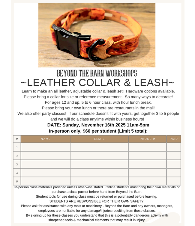 Beyond the Barn Leather Collar & Leash Workshop! Sunday Nov. 16th 11-5