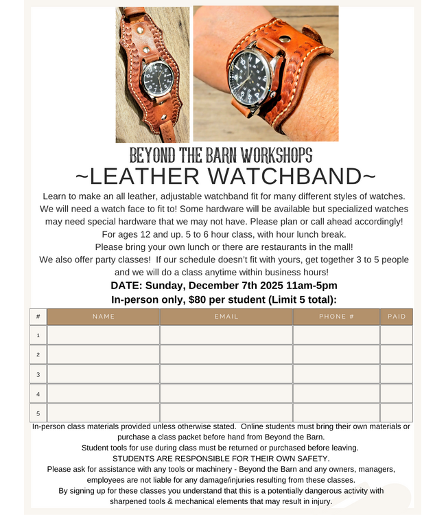 Beyond the Barn Leather Watchband Workshop! Sunday Dec. 7th 11-5