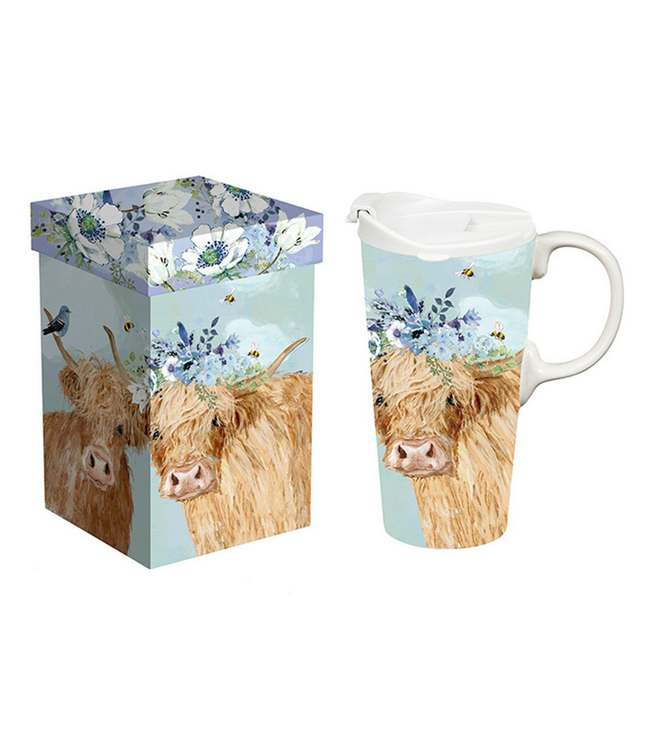 Evergreen Enterprises Petal  Plow Travel Cup Ceramic  Farm Highland Brown Cow 17oz Gift Box