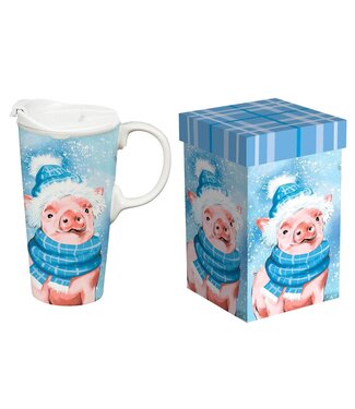 Evergreen Enterprises Holiday Poinsettia Travel Ceramic Perfect Cup Winter Pig