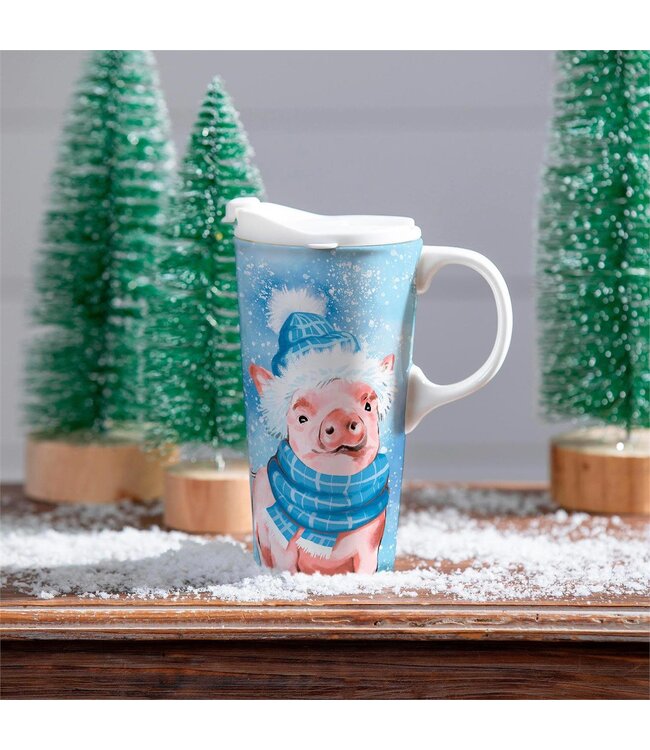 Evergreen Enterprises Holiday Poinsettia Travel Ceramic Perfect Cup Winter Pig
