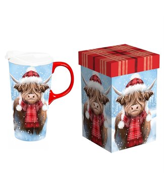 Evergreen Enterprises Holiday Poinsettia Travel Ceramic Perfect Cup Highland Cow
