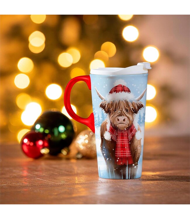 Evergreen Enterprises Holiday Poinsettia Travel Ceramic Perfect Cup Highland Cow