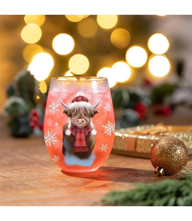 Evergreen Enterprises Holiday Poinsettia Stemless Wine Glass Highland Cow