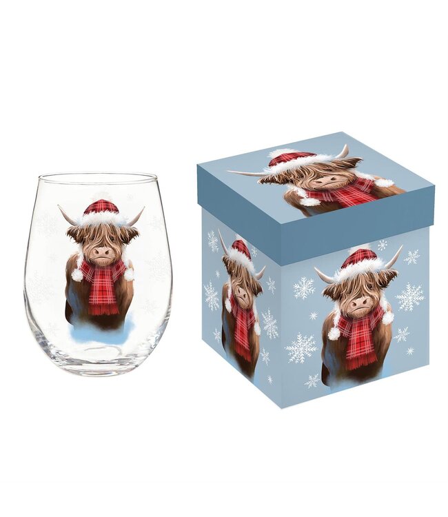 Evergreen Enterprises Holiday Poinsettia Stemless Wine Glass Highland Cow