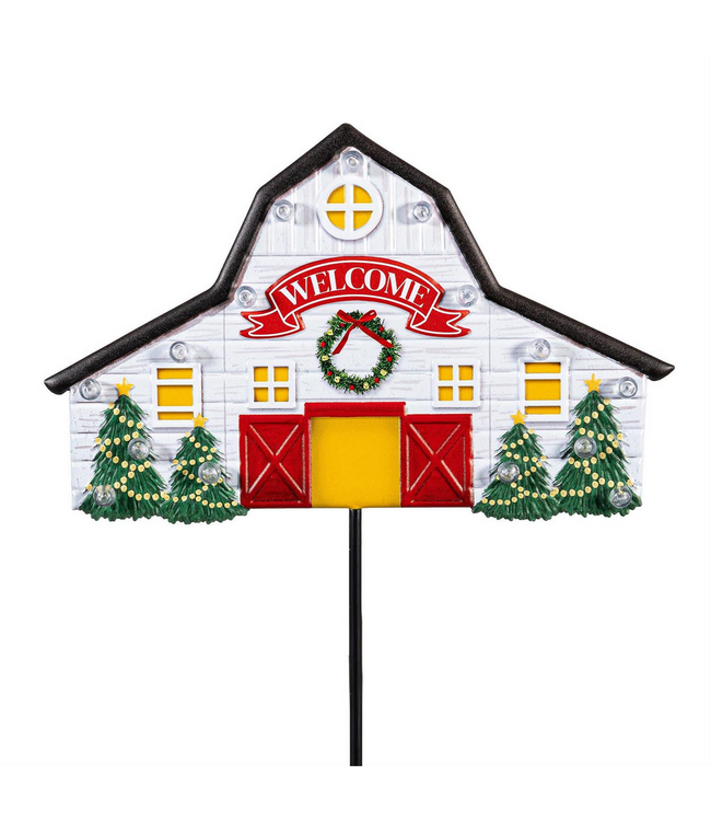 Evergreen Enterprises Holiday Poinsettia Barns Solar Garden Stake 36"H