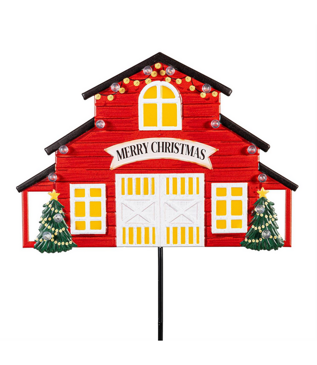 Evergreen Enterprises Holiday Poinsettia Barns Solar Garden Stake 36"H