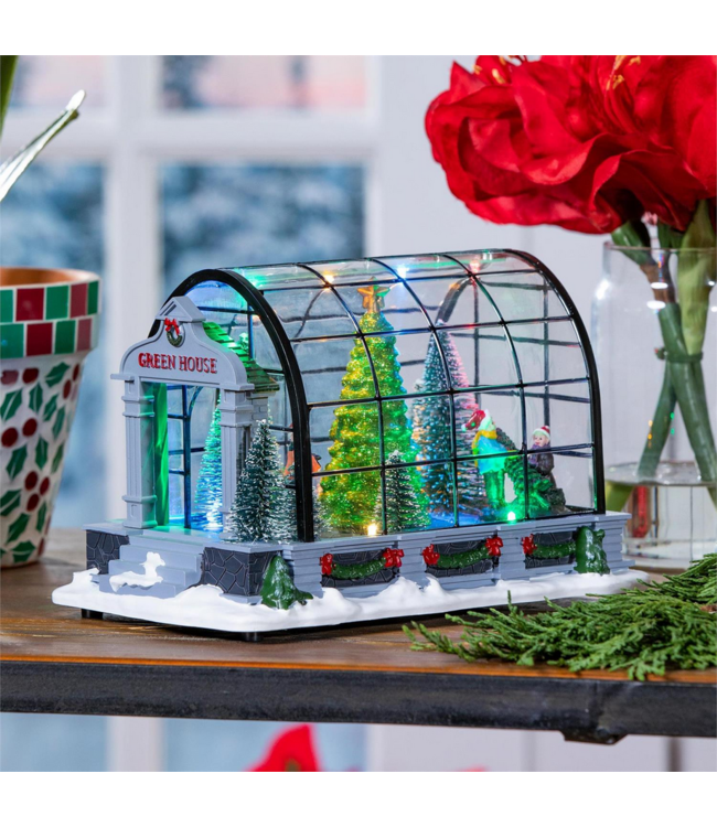 Evergreen Enterprises Holiday Poinsettia LED Table Decor Resin Greenhouse with Rotating Tree and Music 8.75"