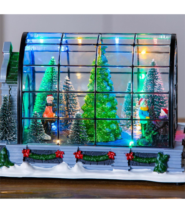 Evergreen Enterprises Holiday Poinsettia LED Table Decor Resin Greenhouse with Rotating Tree and Music 8.75"