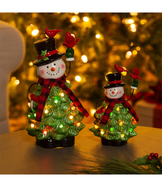 Evergreen Enterprises Joyful Traditions LED Table Decor Ceramic Snowman with Christmas Tree Body and Cardinals