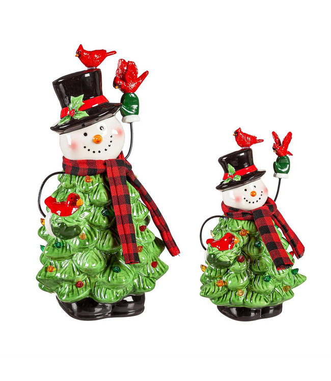 Evergreen Enterprises Joyful Traditions LED Table Decor Ceramic Snowman with Christmas Tree Body and Cardinals