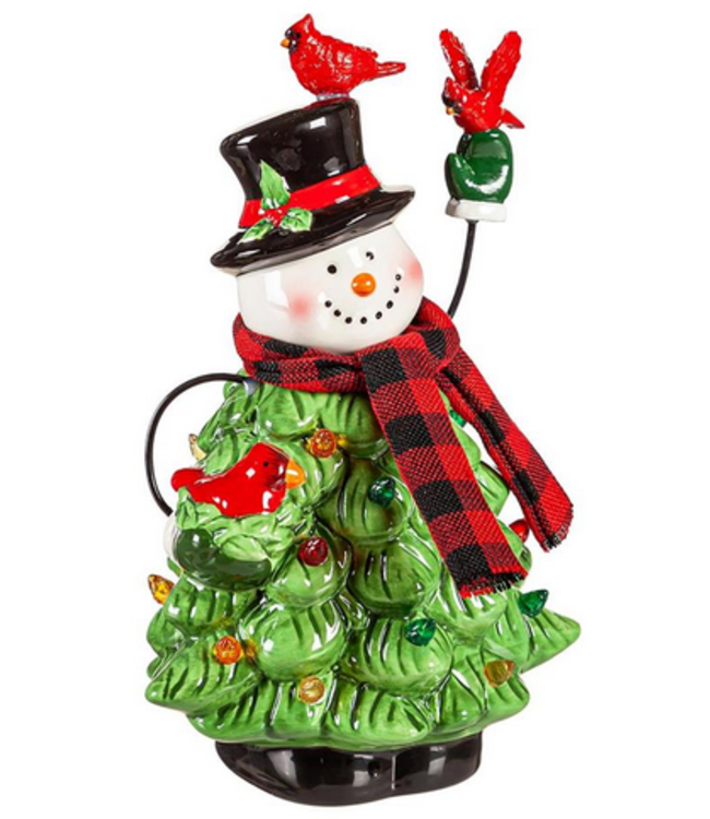 Evergreen Enterprises Joyful Traditions LED Table Decor Ceramic Snowman with Christmas Tree Body and Cardinals
