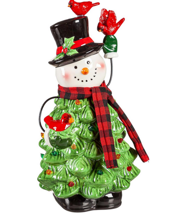 Evergreen Enterprises Joyful Traditions LED Table Decor Ceramic Snowman with Christmas Tree Body and Cardinals