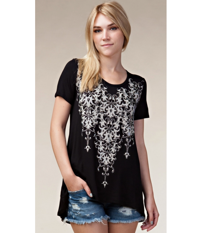 Vocal Floral Printed Rhinestone Short Sleeve Knit Top