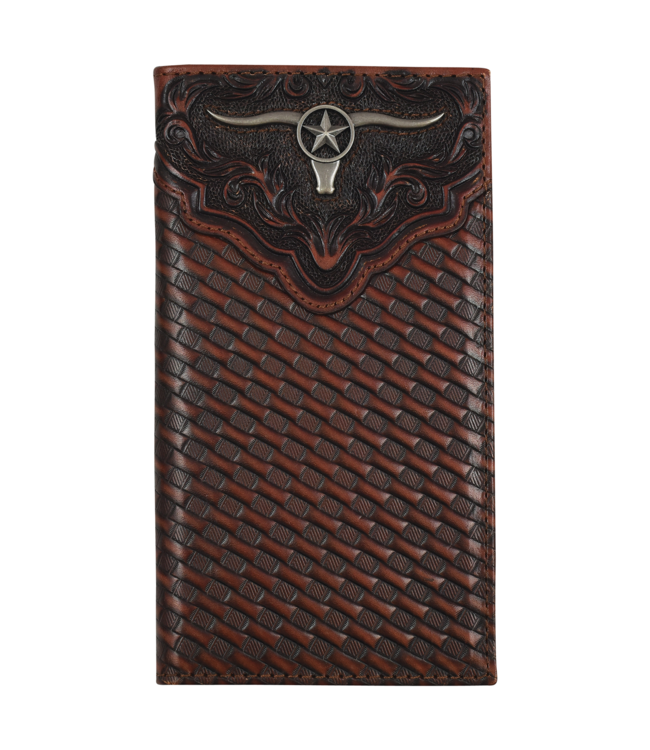 Justin Justin Mens Rodeo Wallet Embossed Yoke W/Basketweave and Steerhead