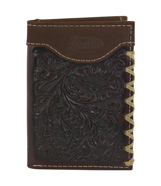 Justin Justin Mens Trifold Wallet Rawhide Edge Stitch and Tooling