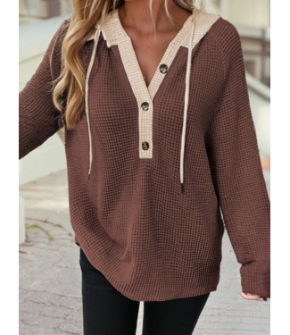 1 the Woman Waffle Contrast Half Buttoned Hooded Pullover Top