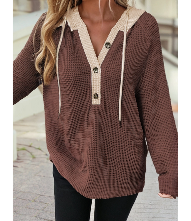 1 the Woman Waffle Contrast Half Buttoned Hooded Pullover Top