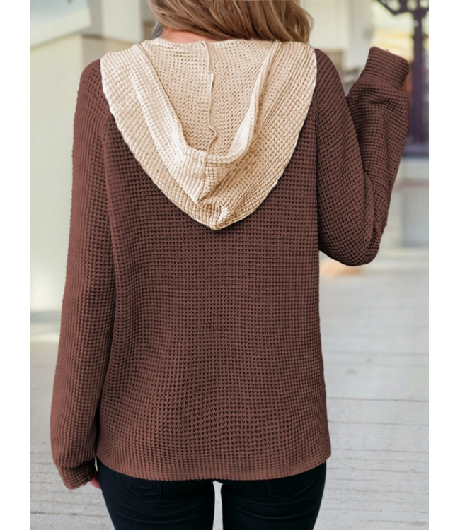 1 the Woman Waffle Contrast Half Buttoned Hooded Pullover Top