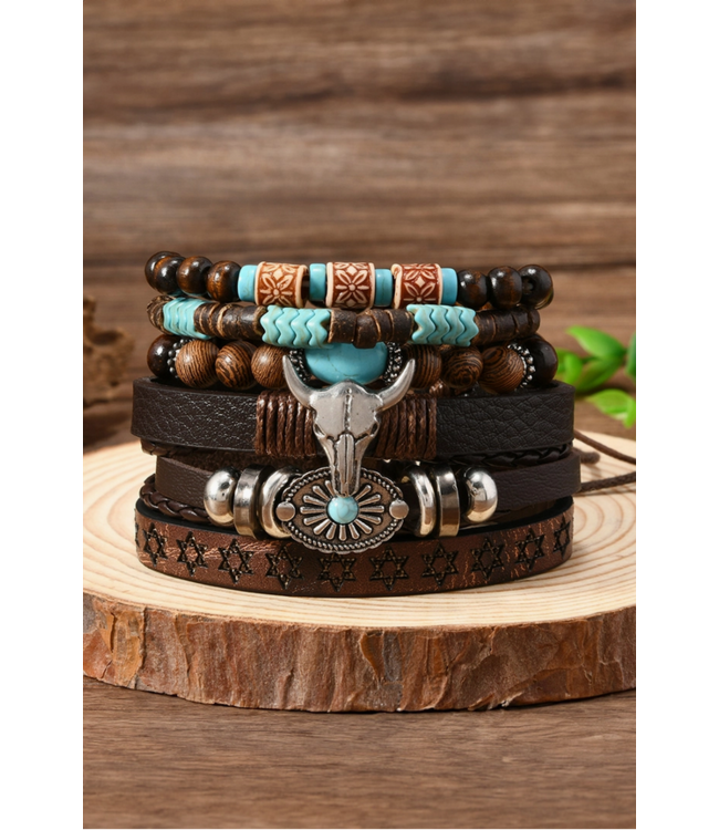 1 the Woman 6 Piece Western Bull Skull Turquoise Beading Bracelet