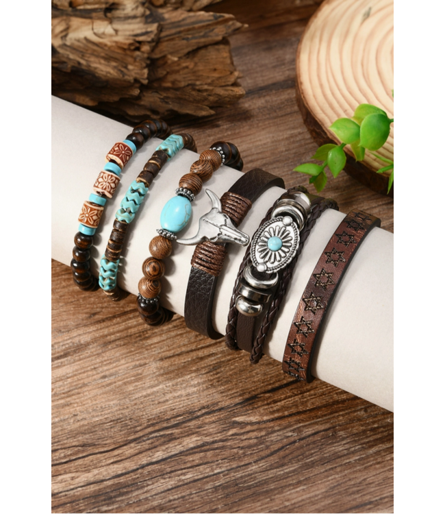 1 the Woman 6 Piece Western Bull Skull Turquoise Beading Bracelet