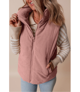 1 the Woman Corduroy Stand Neck Zipped Puffer Vest