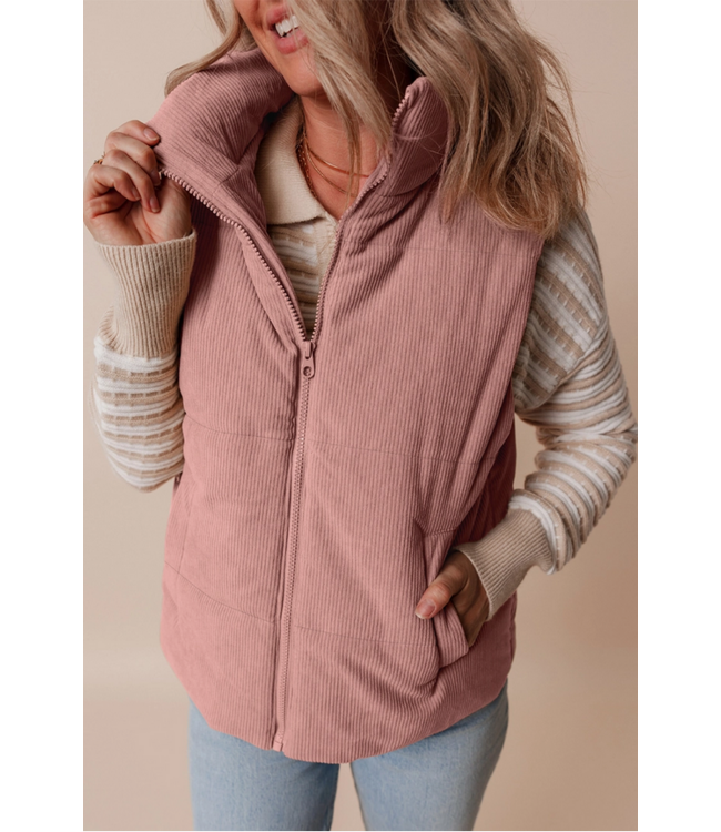 1 the Woman Corduroy Stand Neck Zipped Puffer Vest