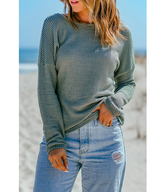 1 the Woman Waffle Knit Drop Shoulder Long Sleeve Top Green