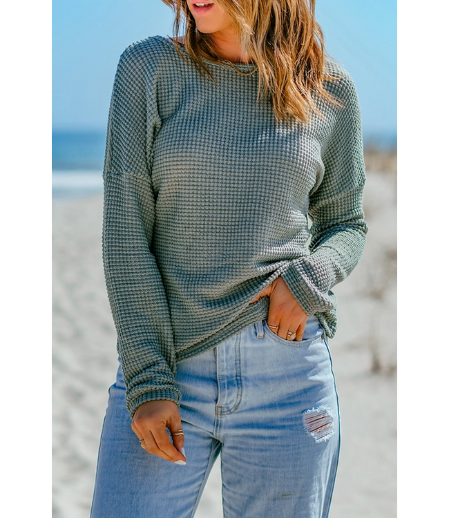 1 the Woman Waffle Knit Drop Shoulder Long Sleeve Top Green