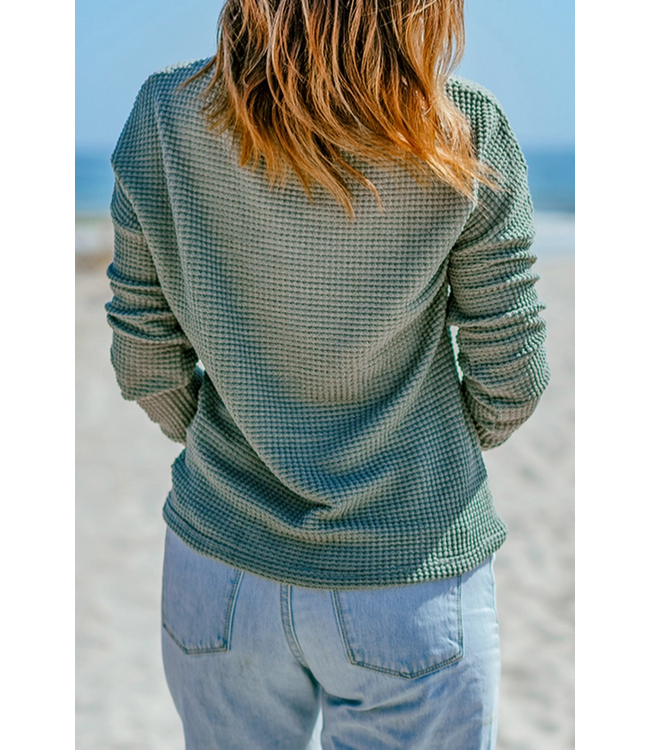 1 the Woman Waffle Knit Drop Shoulder Long Sleeve Top Green