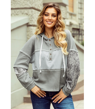 1 the Woman Waffle Patchwork Drawstring Hooded Long Sleeve Top Grey